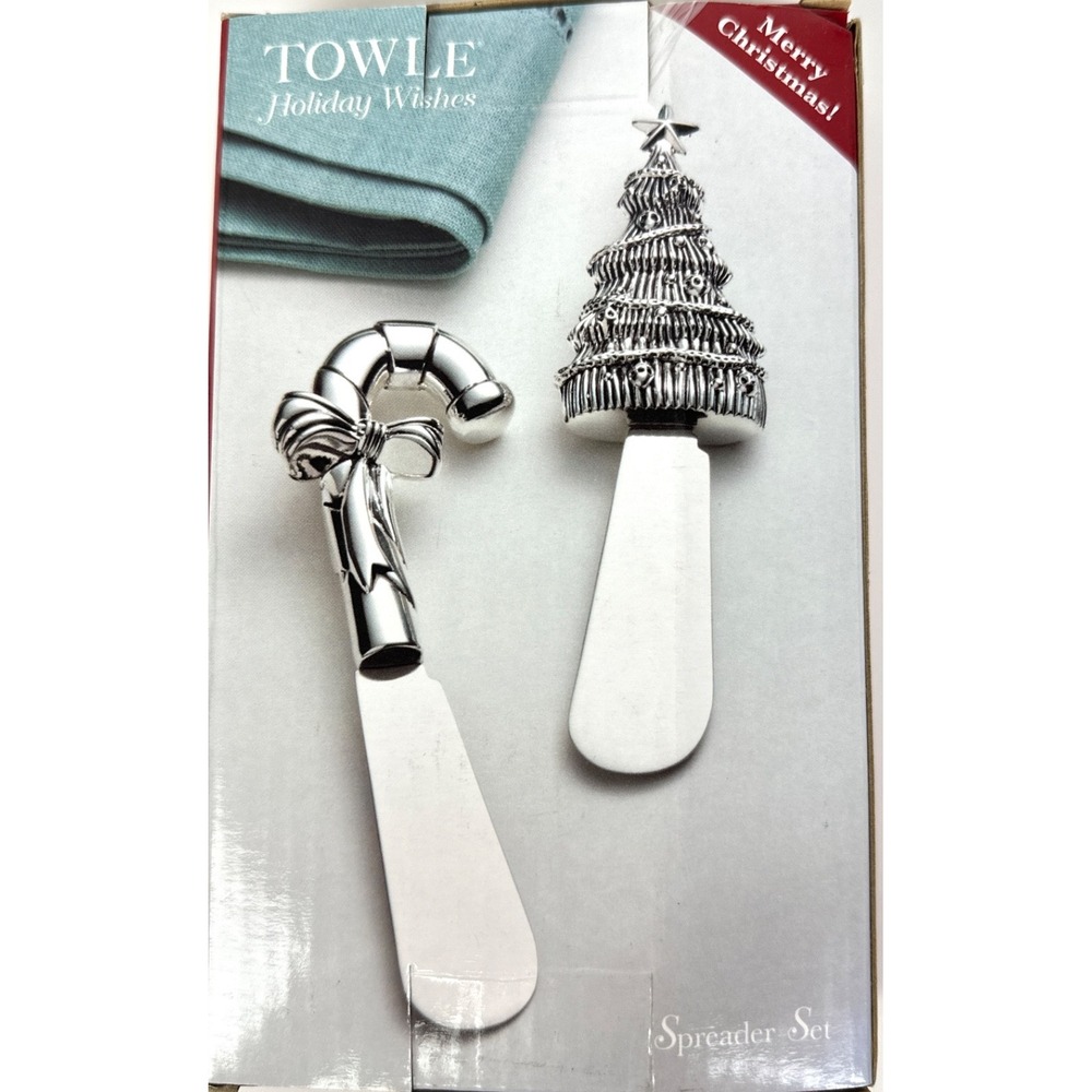 Towle Pewter Spreader Set 'Holiday Wishes' Set of Two Candy Cane &Christmas Tree